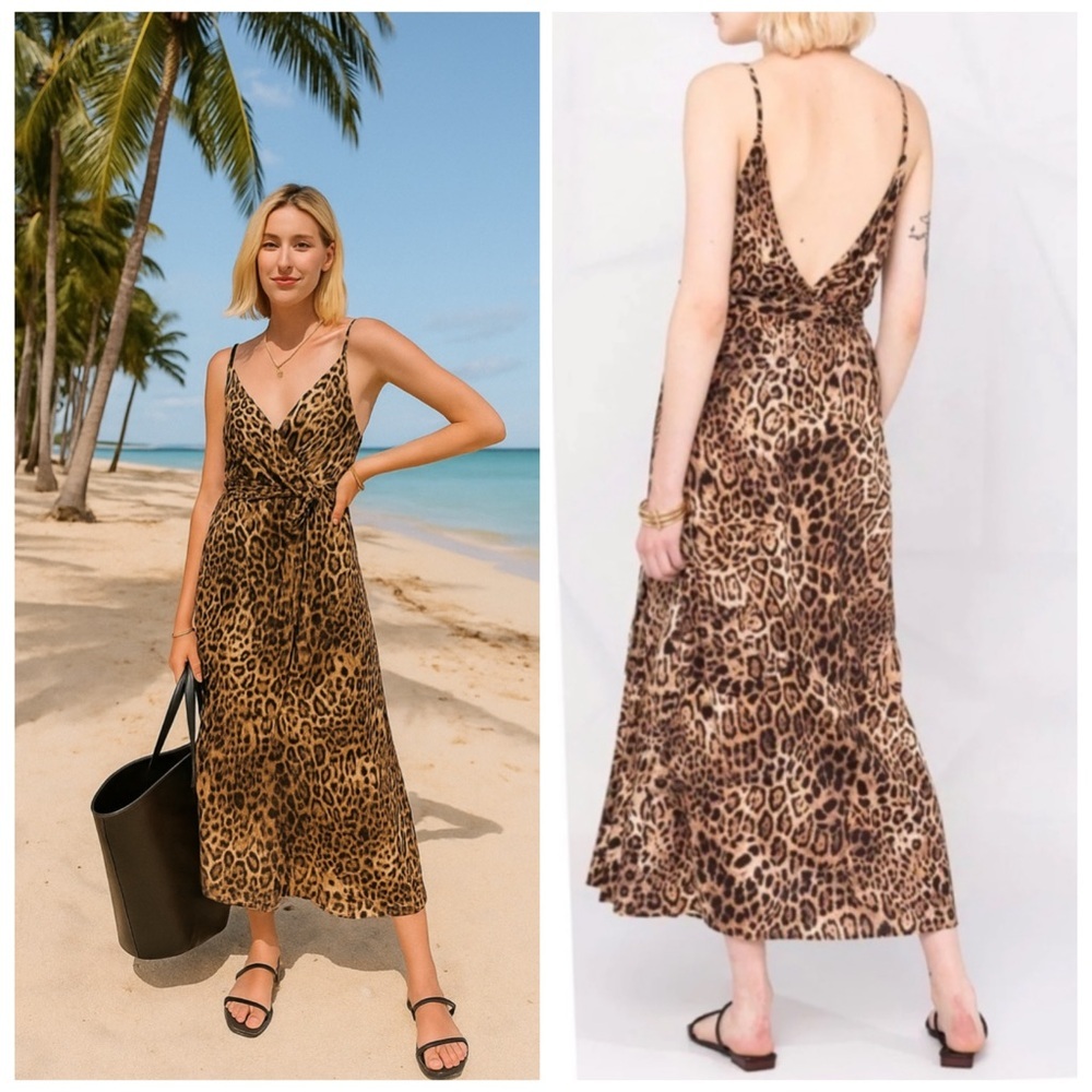 NWT Pinko Leopard Print Midi Wrap Dress Silk Look IT42 Medium